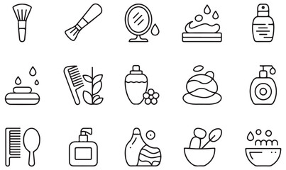 Fototapeta premium Outline vector icons collection of cosmetics, personal care, skincare products, soap, and floral wellness elements for beauty concepts