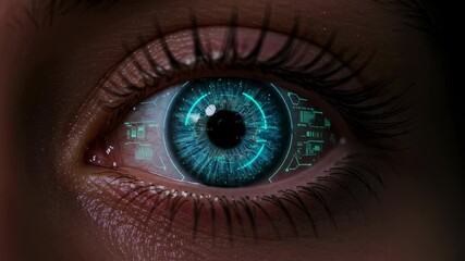 Close-up of a woman's eye with digital data, displaying technological interface and futuristic cybernetic concepts, video footage. - Powered by Adobe