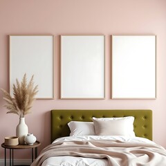 Three Blank Frames Above Stylish Olive Green Bed, with Light Pink Walls and Natural Elements; Perfect for Artwork Mockups.                            
