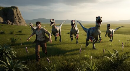 Man Runs from Pack of Raptors Across a Green Field Under Sunny Sky in Thrilling Escape