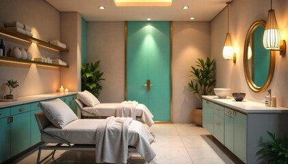 Relaxing spa day at a beauty salon, featuring luxurious amenities and calming decor Enjoy the serenity and tranquility of a professional treatment , interior, cosmetics