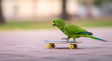 A green parrot performs a cool skateboard trick, showcasing its playful side in a sunny park.