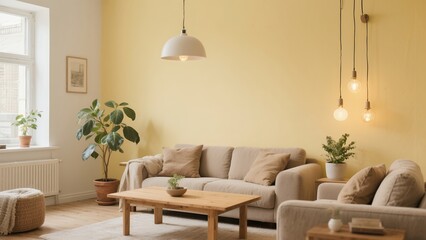 Naklejka premium Bright Cozy Living Room with Beige Sofa Potted Plants Natural Light Warm Interior