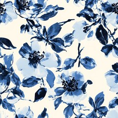 Blue and white floral pattern on beige background