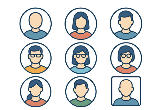 A vector collection of user avatars and profile pictures featuring simple, minimalistic line icons in a modern flat style, with interchangeable parts suitable for websites, apps, or presentations