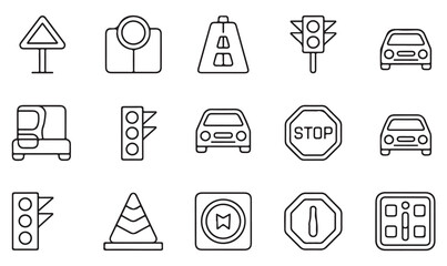 Fototapeta premium Outline Road Icon Collection – Vehicles, Directional Signs, Street Safety, Stoplights, and Driving Symbols for City and Travel Projects