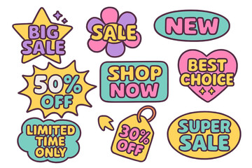 Vibrant business sale sticker pack featuring retro cartoon labels for store discounts, online promotions, or social media posts—a playful Y2K‑style graphic bundle
