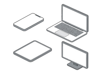 Vector minimalist 3D isometric illustration set of devices—smartphone, laptop, tablet, and TV—displayed in side, top, and axonometric views with a generic mockup