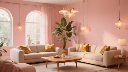 Fototapeta premium Modern Bright Living Room with Pink Walls and Elegant Decor