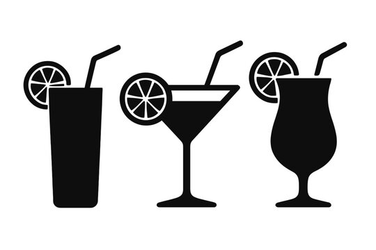 A black‑and‑white cocktail icon set featuring minimalist silhouettes on a white backdrop, perfect for summer themes, drink labels, packaging, restaurant menus, apps, or web design