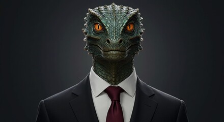 Intriguing reptilian humanoid in formal attire, a modern twist on power dressing for speculative fiction, showcasing an alternative approach to professional attire and corporate identity