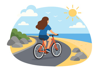 Naklejka premium A summer cartoon banner depicts a young woman cycling along a mountain road with a sea view, embarking on a holiday bike trip through a beautiful ocean landscape, rendered as a vector illustration
