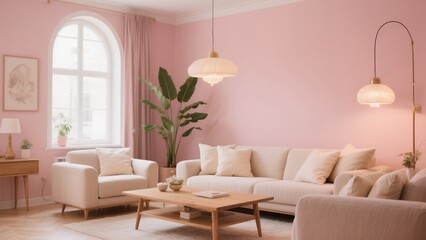 Fototapeta premium Bright Modern Living Room with Pink Walls White Sofas and Green Plant