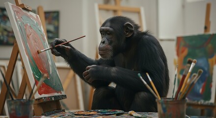 Obraz premium A chimpanzee skillfully paints on a canvas in a creative art studio, using a brush.