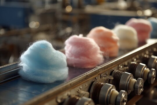Row of fluffy blue and pink candy floss moving on an industrial production line conveyor belt with factory machinery