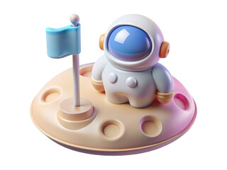 Cartoon astronaut planting flag on moon surface adorable cosmonaut in spacesuit achieving lunar conquest 3d illustration icon solated on white background