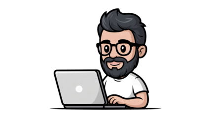 Stylish man with beard and glasses working on laptop, modern tech concept, creative professional