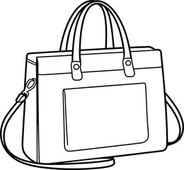 Structured handbag with double handles, adjustable shoulder strap, front pocket, metal clasps, fashion accessory, bag construction, apparel design, clothing illustration, vector art