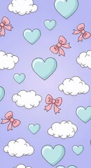 Cute Cartoon Hearts Clouds and Bows Seamless Pattern Background for Valentines Day Design