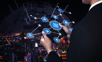 A professional man interacts with a digital interface showcasing global data connections against a vibrant night city backdrop, emphasizing technology and innovation. Tessel