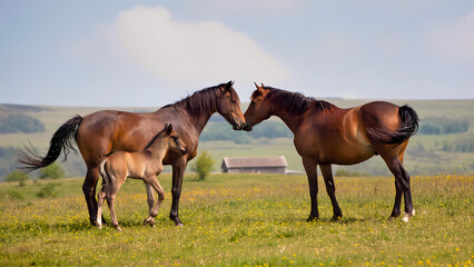 Obraz premium A family of horses: a stallion, a mare and a foal on a green summer pasture.
