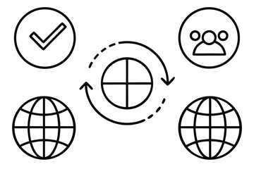 Four globe icons with digital elements