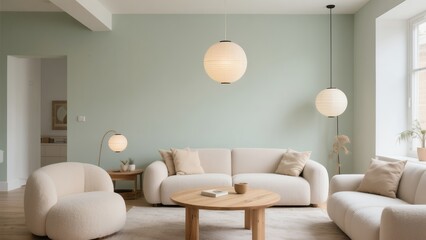 Fototapeta premium Modern Minimalist Living Room with Soft Neutral Colors and Cozy Seating