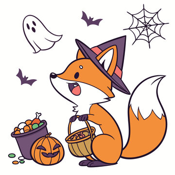 Naklejki Excited Red Fox with with a giant leaf, set in a charming Halloween theme – Spooky Fun color vector art