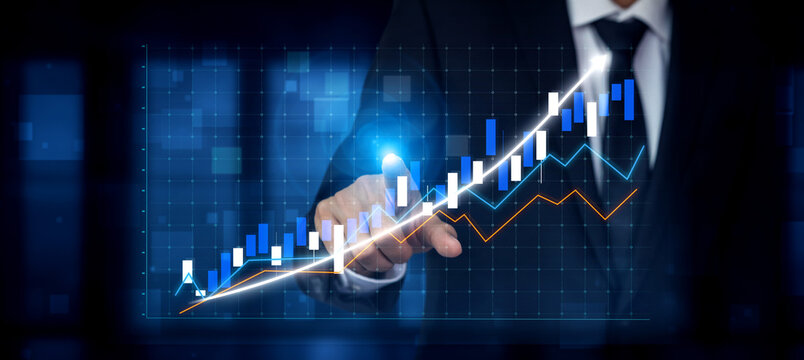 A businessman uses advanced technology to analyze financial growth trends, illustrated by modern graphs and data visualizations in a corporate setting. Impute