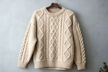 Cozy beige cable-knit sweater. This timeless Aran-style pullover is a perfect, warm, and stylish addition to any fall or winter fashion wardrobe.
Generative Ai.