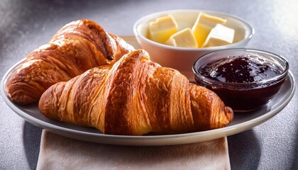 fresh croissants with butter and jam