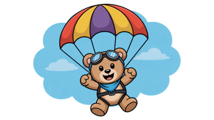Happy teddy bear enjoying skydiving adventure with colorful parachute against a bright blue sky