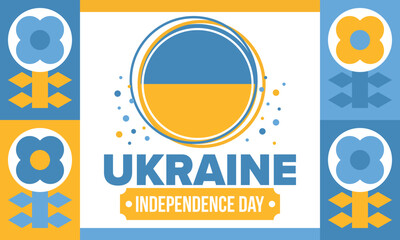 Ukraine Independence Day. National happy holiday, celebrated annual in August 24. Ukrainian flag. Blue and yellow. Patriotic elements. Poster, card, banner and background. Vector illustration