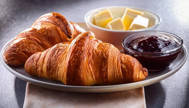 fresh croissants with butter and jam