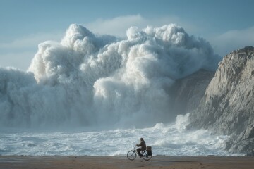 Man cycling by powerful ocean waves crashing into a rocky seaside cliff