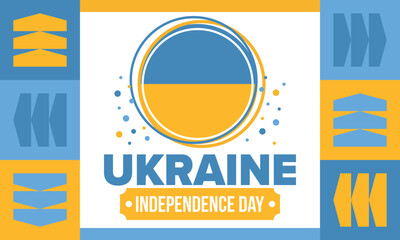 Ukraine Independence Day. National happy holiday, celebrated annual in August 24. Ukrainian flag. Blue and yellow. Patriotic elements. Poster, card, banner and background. Vector illustration