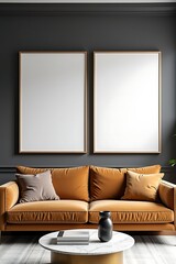 Elegant Living Room with Two Blank Frames Above Velvet Sofa, Ideal for Art Mockups or Interior Design Concepts.                                       
