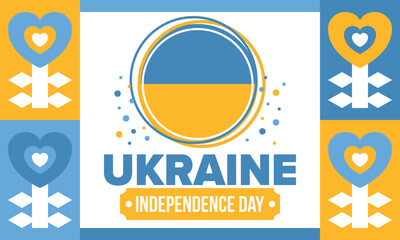 Ukraine Independence Day. National happy holiday, celebrated annual in August 24. Ukrainian flag. Blue and yellow. Patriotic elements. Poster, card, banner and background. Vector illustration