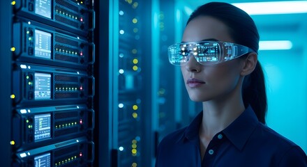 Woman in Server Room Utilizing Augmented Reality Glasses for Data Analysis