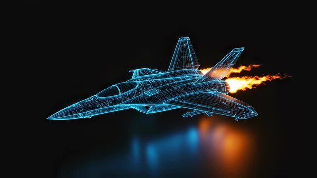 Futuristic jet plane wireframe hologram flying with burning engine exhaust smoke. Innovation technology aviation. 3d animation concept.