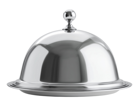 Elegant silver metal serving cloche with handle isolated on transparent background