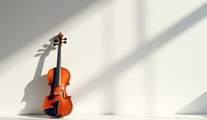 A single polished violin, positioned diagonally near the lower-right corner of a matte white table. Expansive airy negative space dominates above.