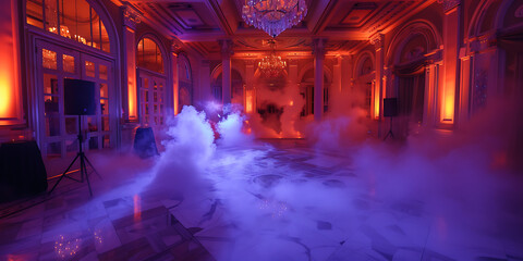 Mystical fog fills an opulent ballroom, illuminated by dramatic red and blue lights for a festive event.