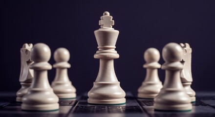 Close up of white chess pieces including pawns knights and king on a chess board