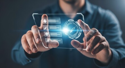 Man interacting with a transparent screen displaying medical icons and a syringe graphic