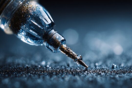 Shimmering liquid dropper tip applying glitter particles onto dark textured surface