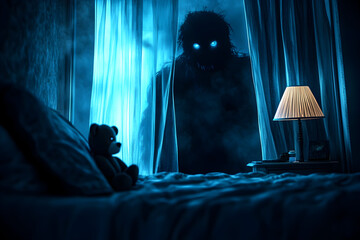 Fototapeta premium Eerie nighttime bedroom with mysterious figure and teddy bear in shadowy scene