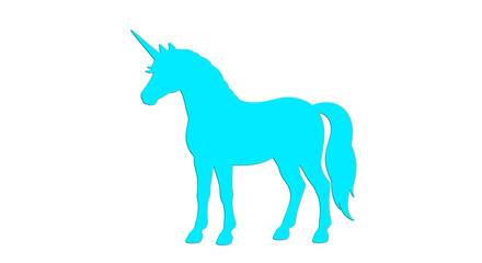 Obraz premium Blue unicorn logo gallops across sapphire sky, silver horn aglow, flowing cerulean mane radiating mystical power. 