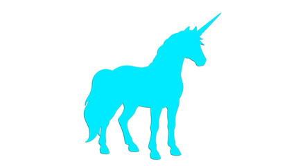 Obraz premium Blue unicorn logo gallops across sapphire sky, silver horn aglow, flowing cerulean mane radiating mystical power. 