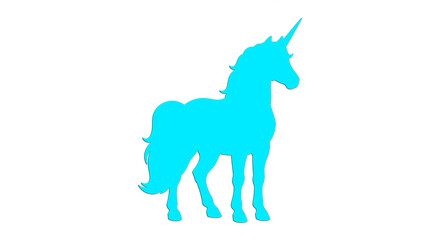 Fototapeta premium Blue unicorn logo gallops across sapphire sky, silver horn aglow, flowing cerulean mane radiating mystical power. 
